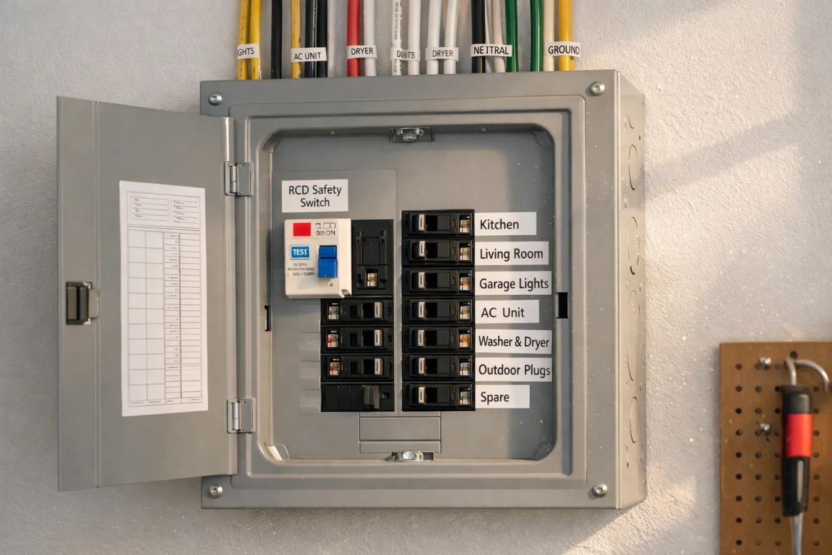 Electrician safely working on a residential electrical panel in Lovelady