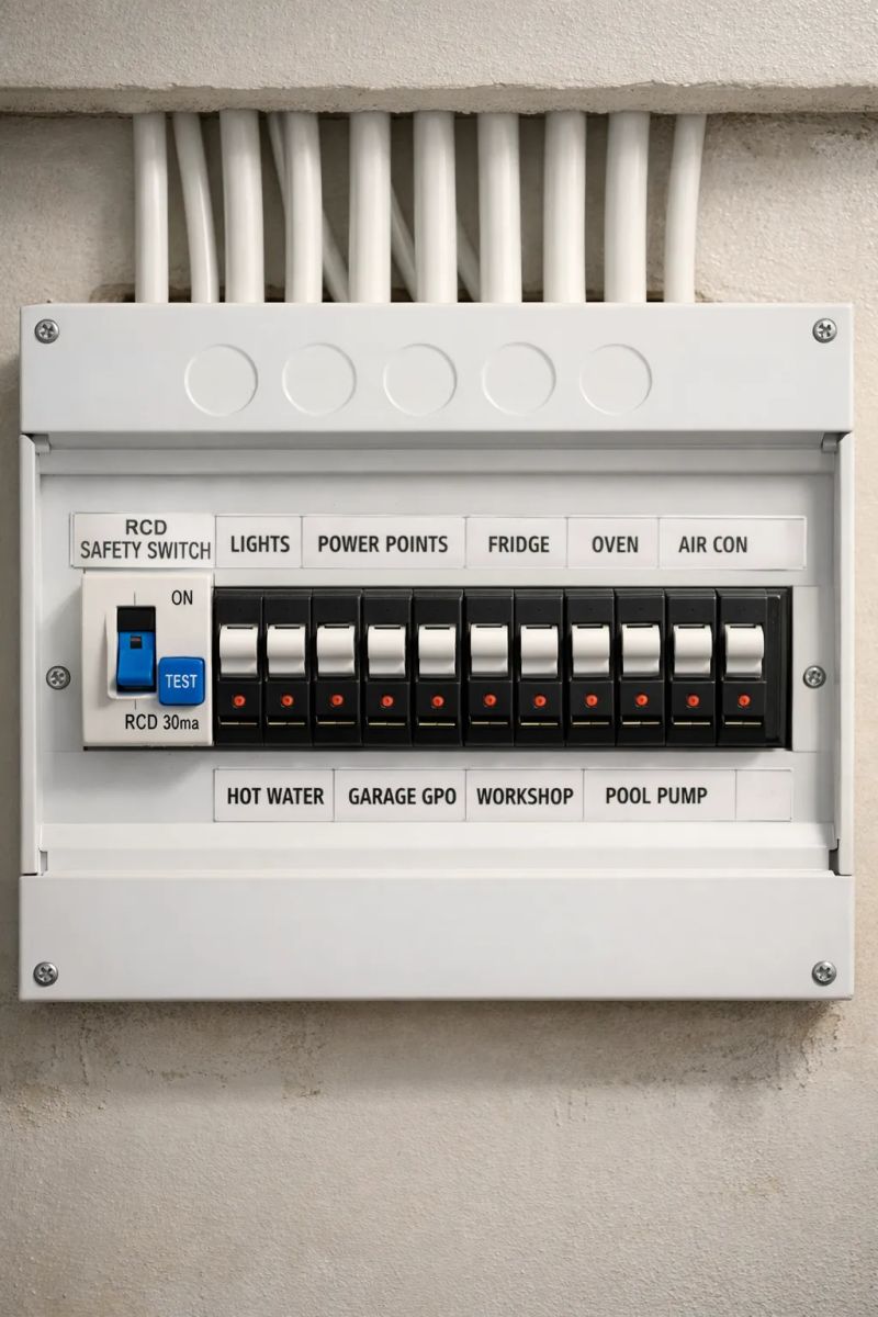 Electrician testing a breaker panel during an electrical repair in Lovelady